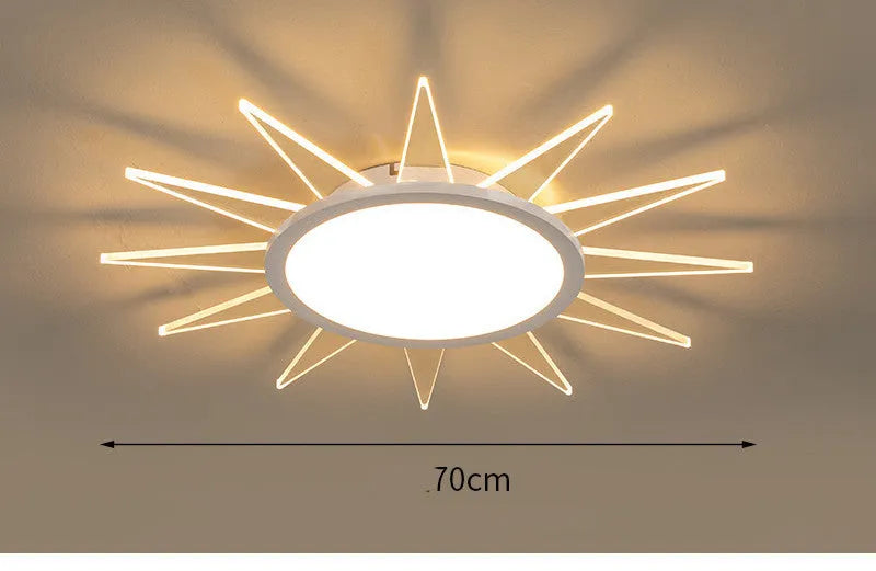 Round aluminium LED ceiling lamp with remote control for dimmable white and tricolour lighting.