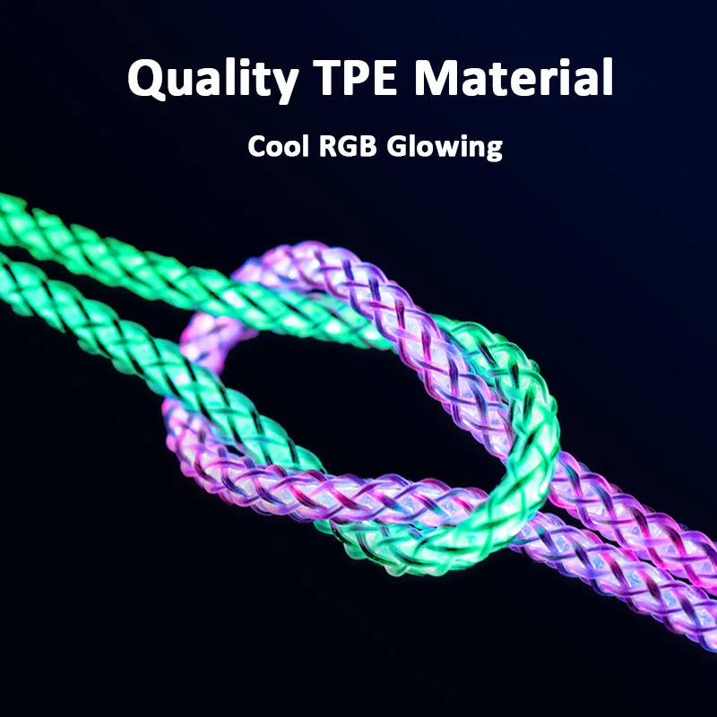 Colourful phantom gradient charging cable with Lightning, Micro USB, and Type-C connectors on a 1.2m cable