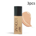 LOOKAVE matte liquid foundation bottle showing six shade options including ivory white