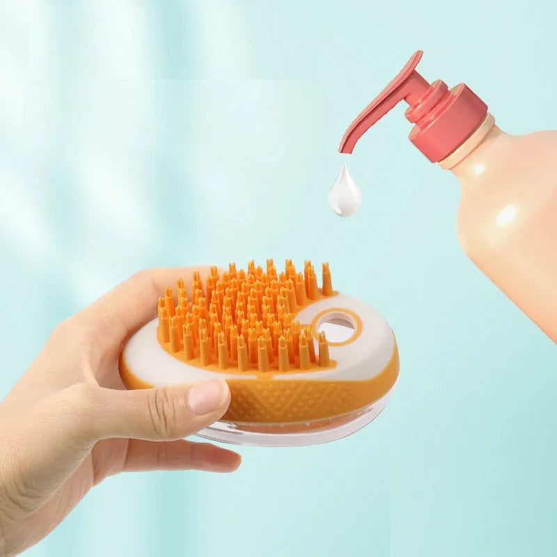 2-in-1 pet bath brush with soft silicone bristles, shampoo reservoir, and non-slip grip in pink