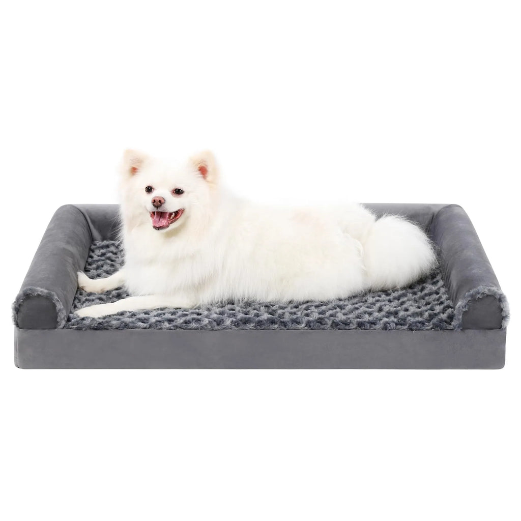Grey U-shaped dog bed with a removable embossed velvet cover and deep sponge bolster.