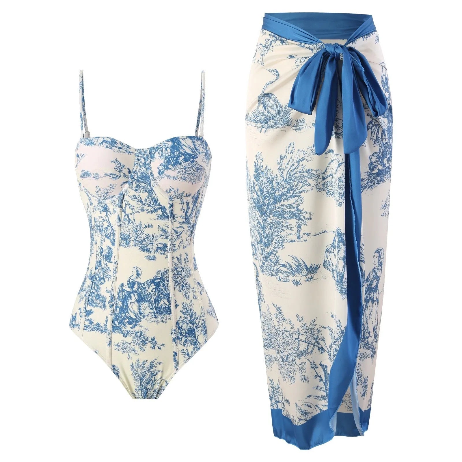 Blue women's one-piece swimsuit with detachable gauze skirt on size chart