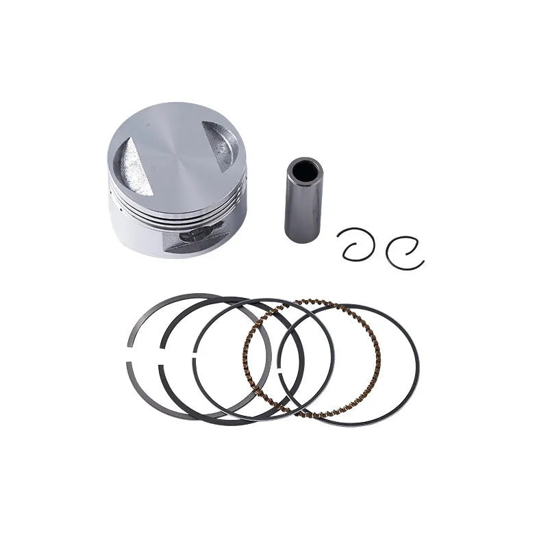 Motorcycle piston kit showing aluminium alloy piston with steel oil ring for 57.4mm cylinder engines