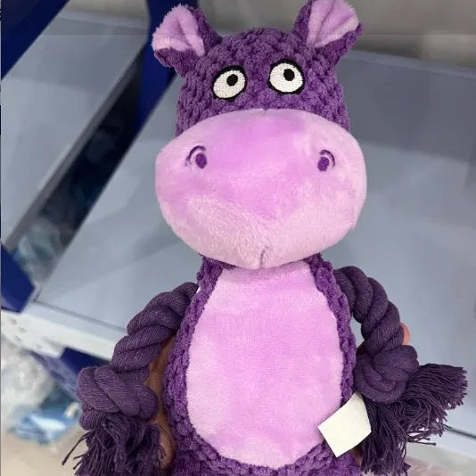 Plush hippo dog tug toy with cotton rope sections for interactive pull play