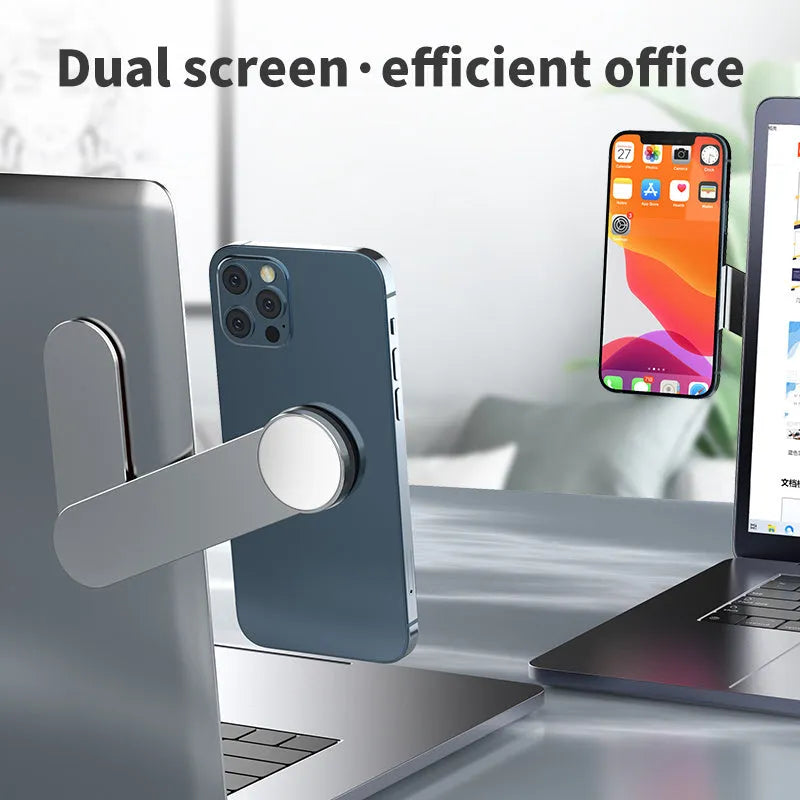 Silver aluminium alloy dual screen extension bracket with magnetic phone holder for desktop
