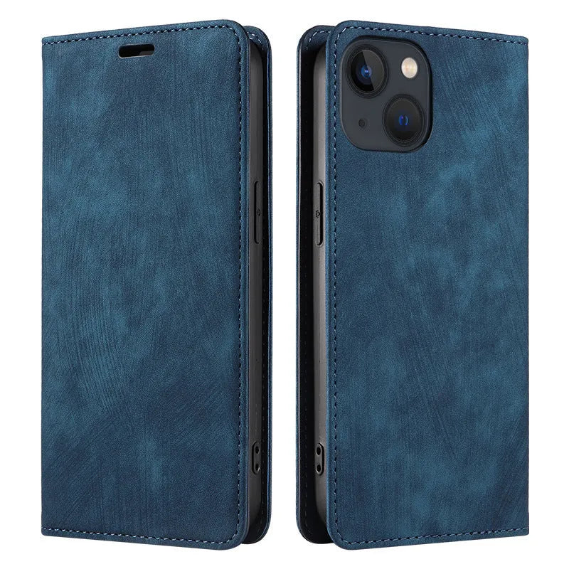 Magnetic flip leather phone case for iPhone in various colours, showing front and back views.