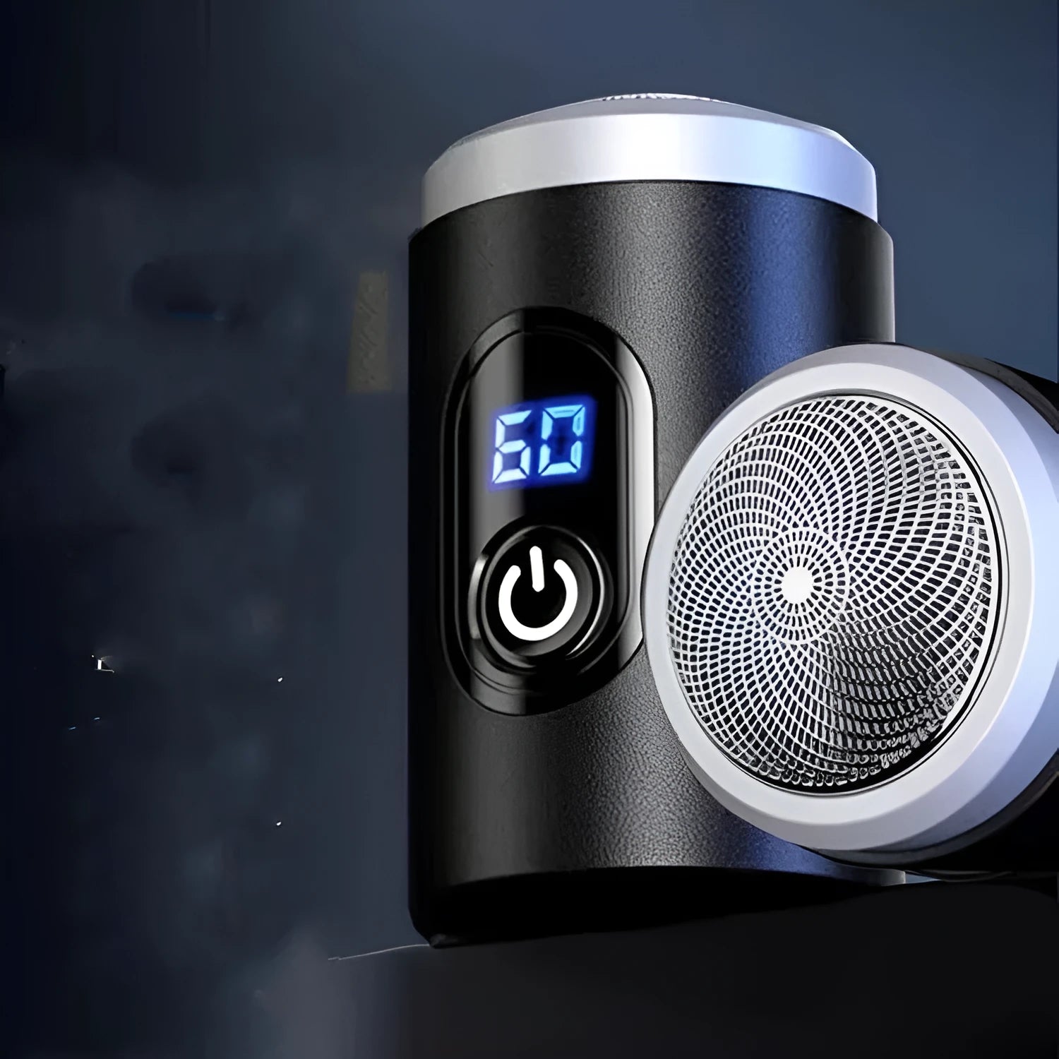 Black portable USB rechargeable shaver with cleaning brush and protective cover