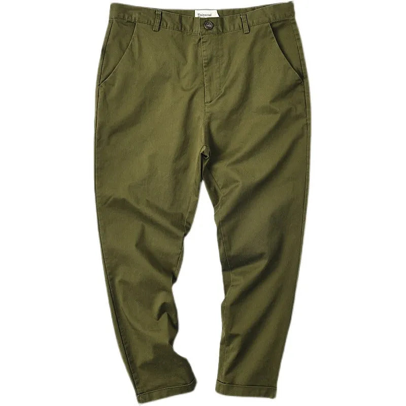 Men's cotton twill slim straight casual pants in black, high waist, zipper fly, solid colour