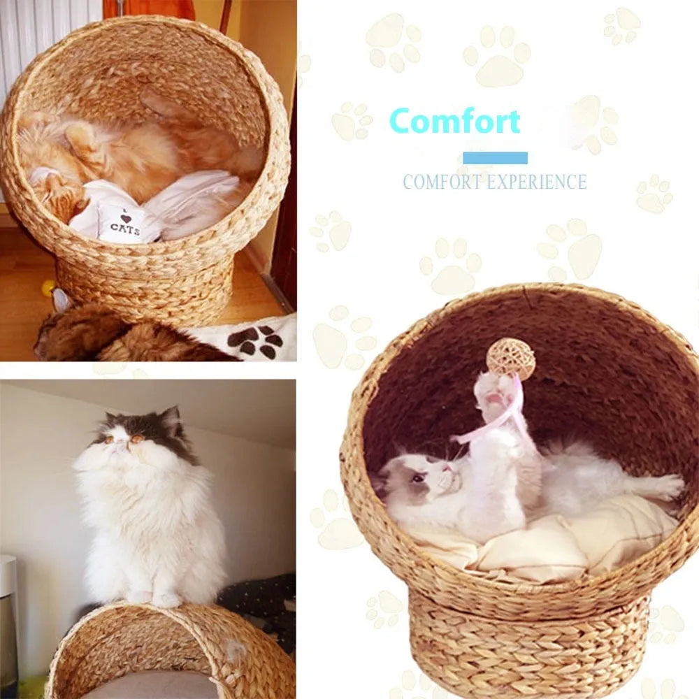 Brown woven rattan cat nest pet bed on floor with compact 50 x 57 cm size