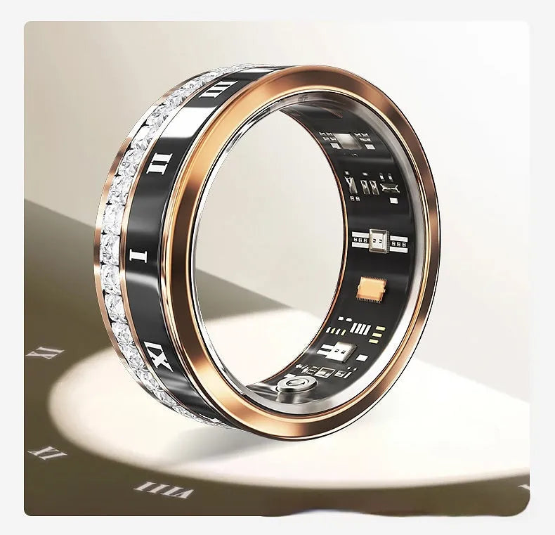 Diamond inlaid smart ring in silver and gold colours showing blood oxygen monitoring functions