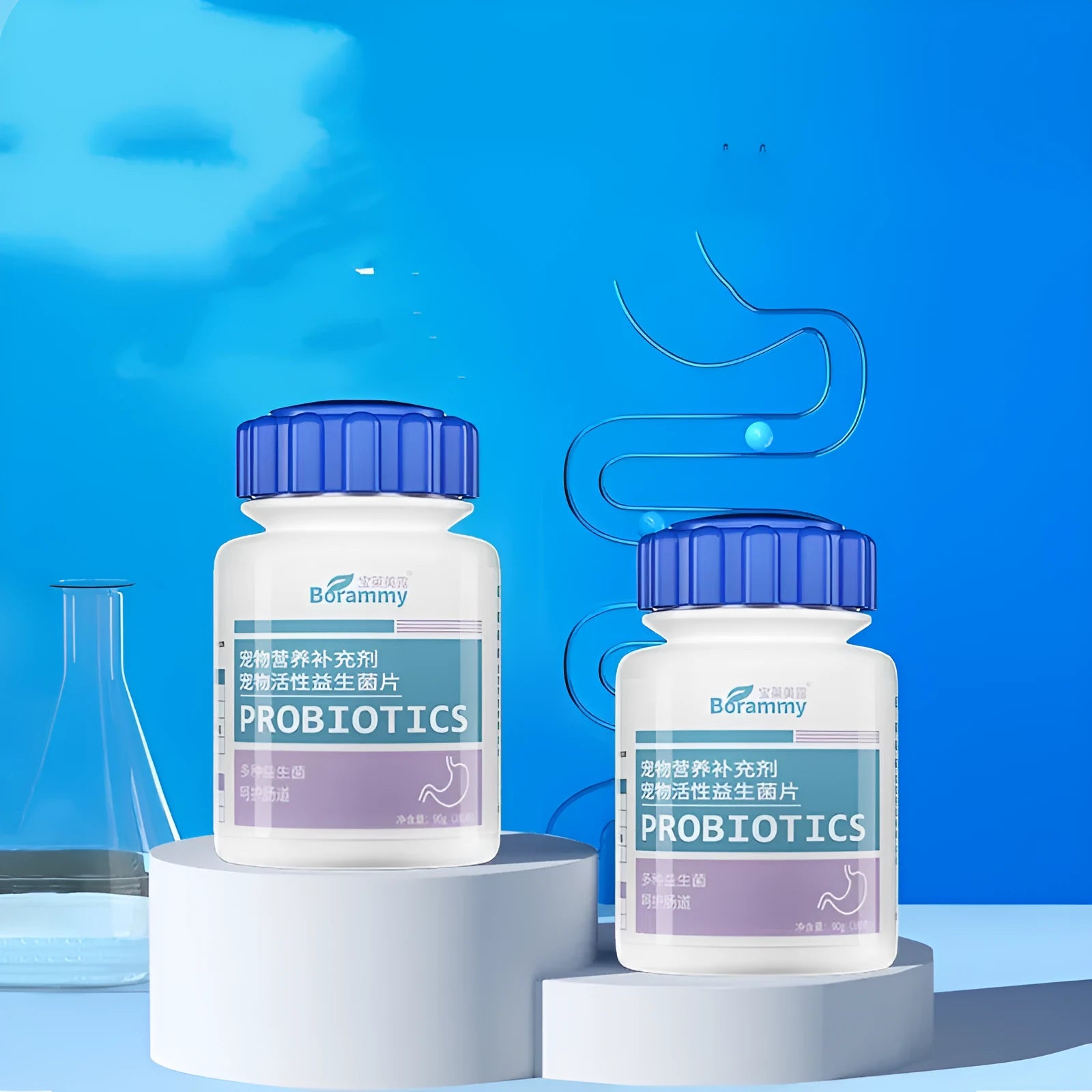 Bottle of pet active probiotic tablets containing 180 count for cats and dogs.