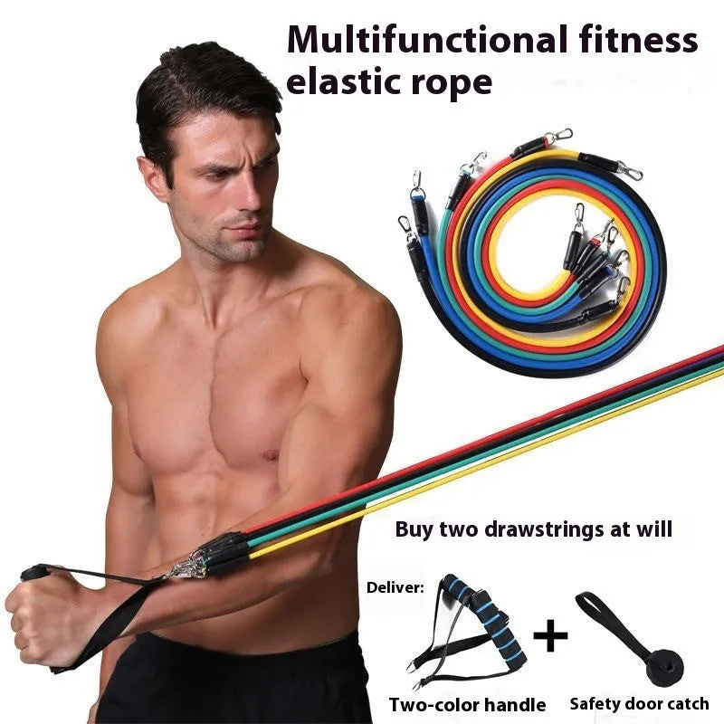 Door-mounted fitness pulling rope with ABS hook, part of an 11-piece sports set in packaging.