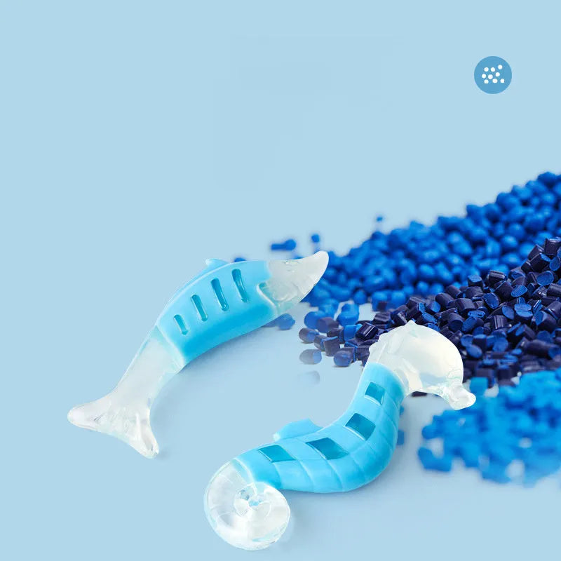 Two PU nylon dog chew toys: one seahorse shape and one tuna shape, for small breed puppies.