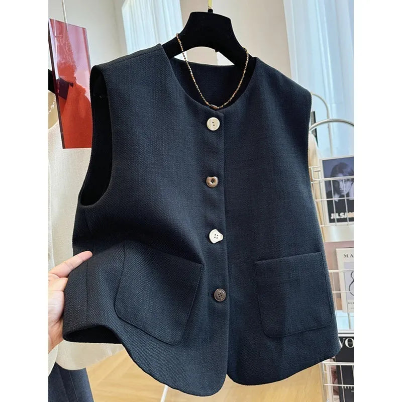Women's milky white sleeveless bandage vest with round neck, French style design