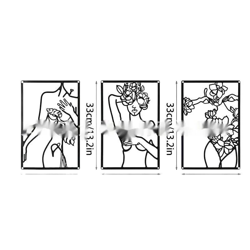 Black metal female line silhouette wall decoration set for home