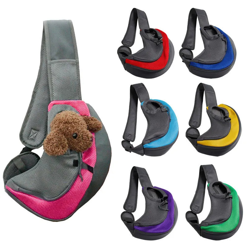 Mesh fabric pet carrier sling bag with single shoulder strap, shown in assorted colours.