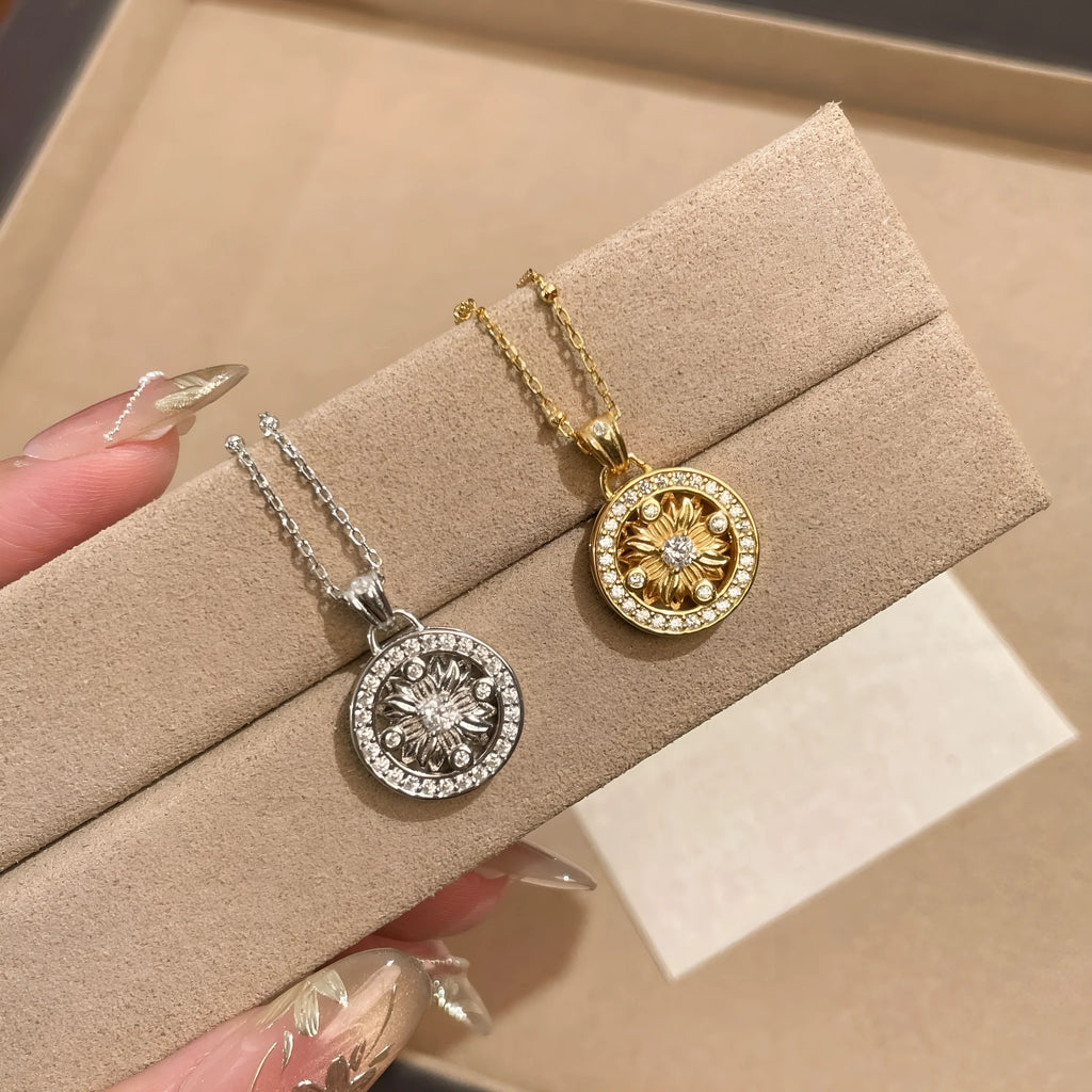 925 silver geometric sun pendant necklace electroplated white gold colour adjustable 41-50cm chain women Chinese style