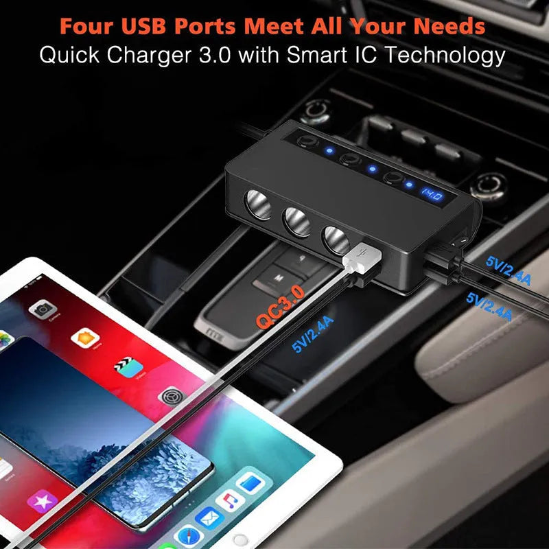 Three-port car charger with cigarette lighter socket and QC3.0 USB ports, black ABS housing, 70cm cable