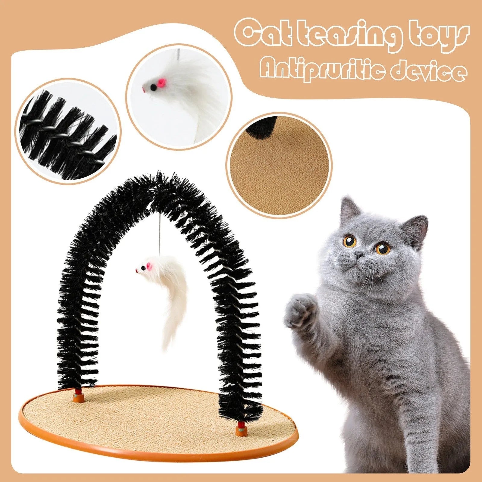 Black arch-shaped cat scratching post with anti-itch brush, non-slip base, and attached mouse toy