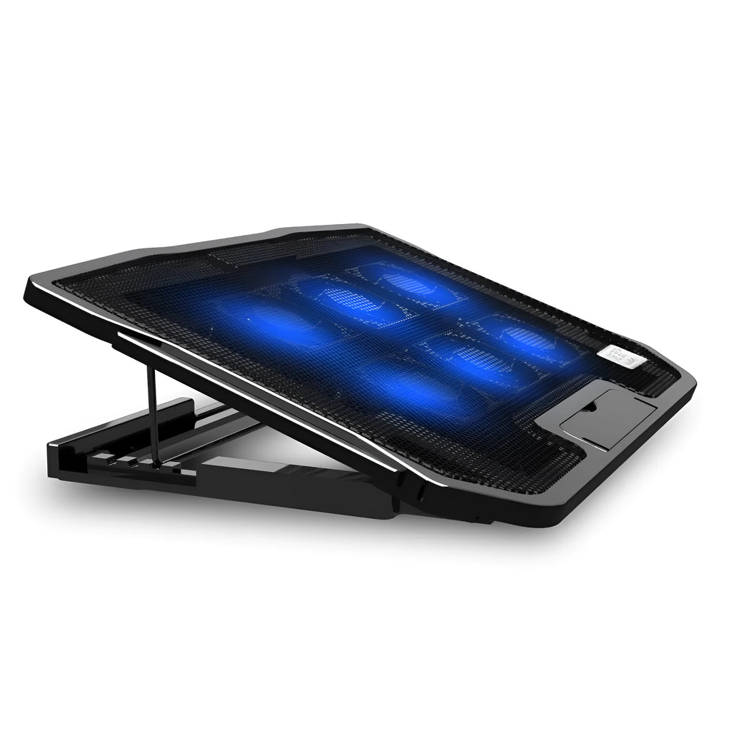 Black metal mesh notebook cooler with six ultra-quiet fans, adjustable height, and USB cable on a desk