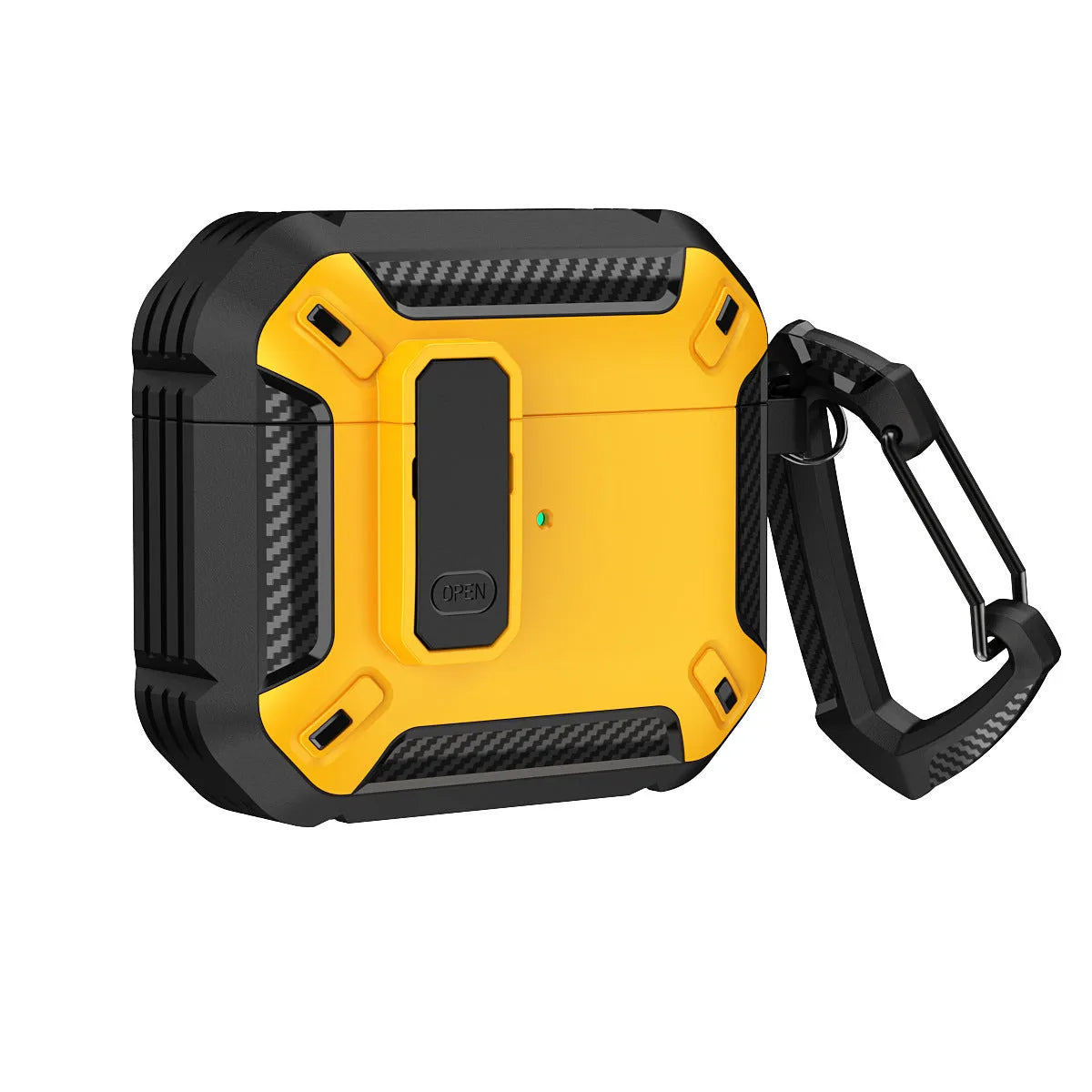 Hard plastic protective shell case with metal hook for Apple AirPods charging case in two-tone black and yellow.