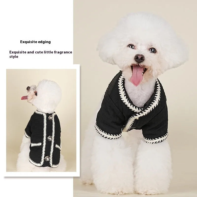 Quilted polyester pet coat with cartoon pattern in black, white or light purple colours for autumn and winter