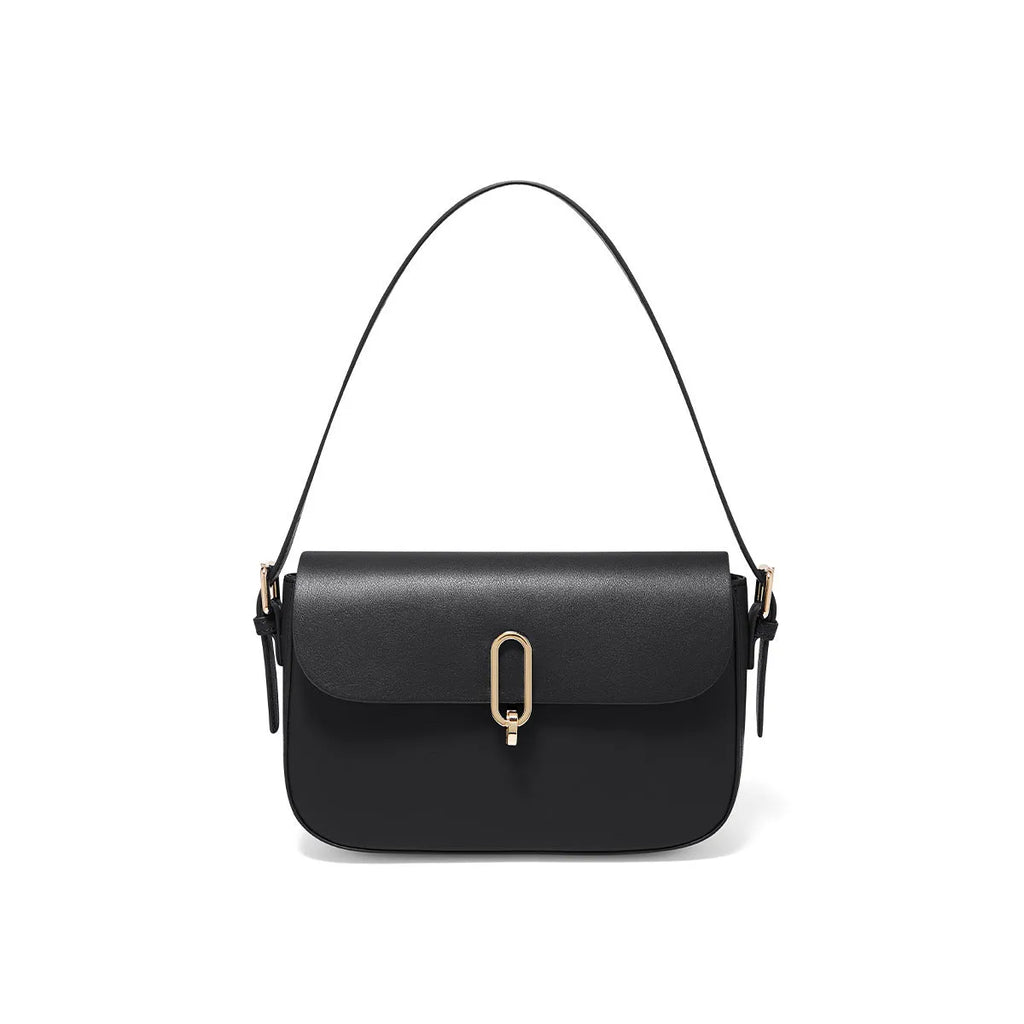 Black genuine leather square messenger bag with shoulder strap and lock detail