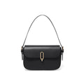 Black genuine leather square messenger bag with shoulder strap and lock detail
