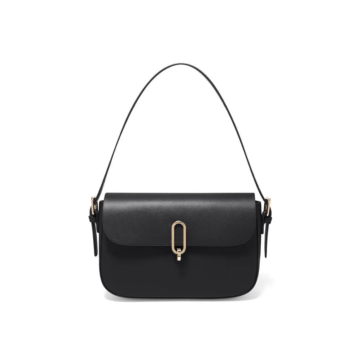 Black genuine leather square messenger bag with shoulder strap and lock detail