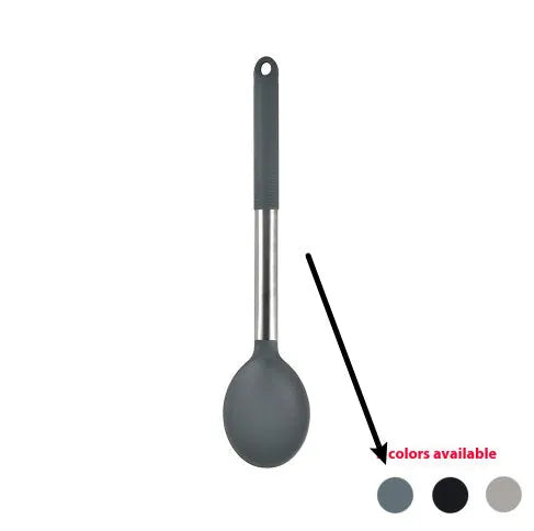 12-piece silicone kitchen utensil set in rotating storage bucket, showing spatula, ladle, and other tools.