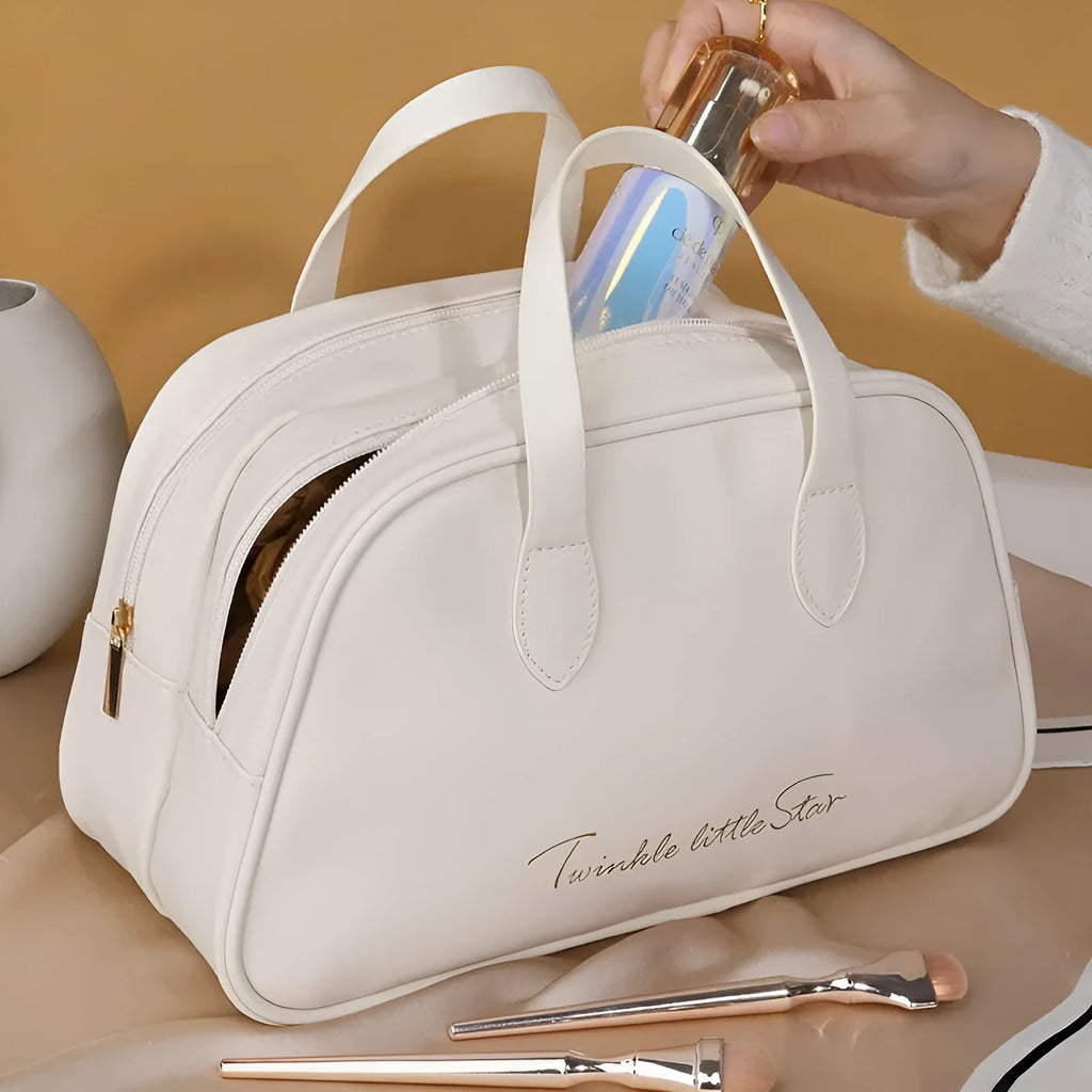 Large leather travel toiletry bag in caramel mocha colour with waterproof PU material construction