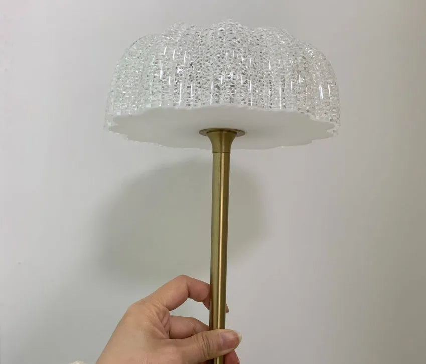 Retro bronze metal table lamp with wrought iron and acrylic shade, 14.5 x 14.5 x 31.5 cm, on desk