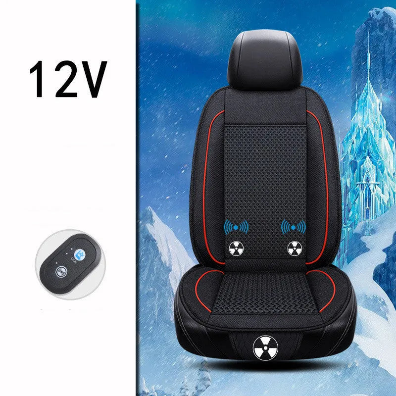 Black car ventilation seat cushion measuring 60x60cm with power cord