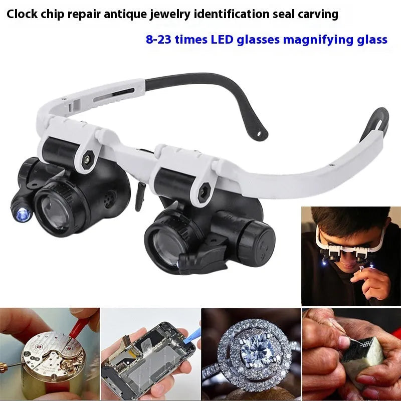White foldable head-mounted magnifying glass with LED light for close-up repair work.