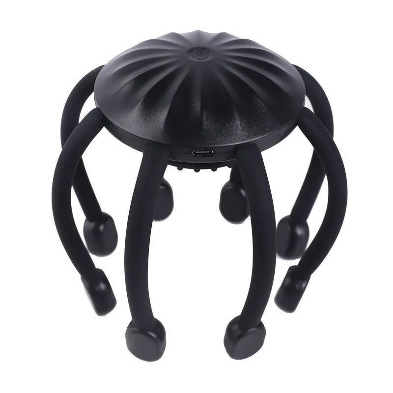 Black and white USB-powered head massagers with multiple vibrating claws for scalp relaxation.