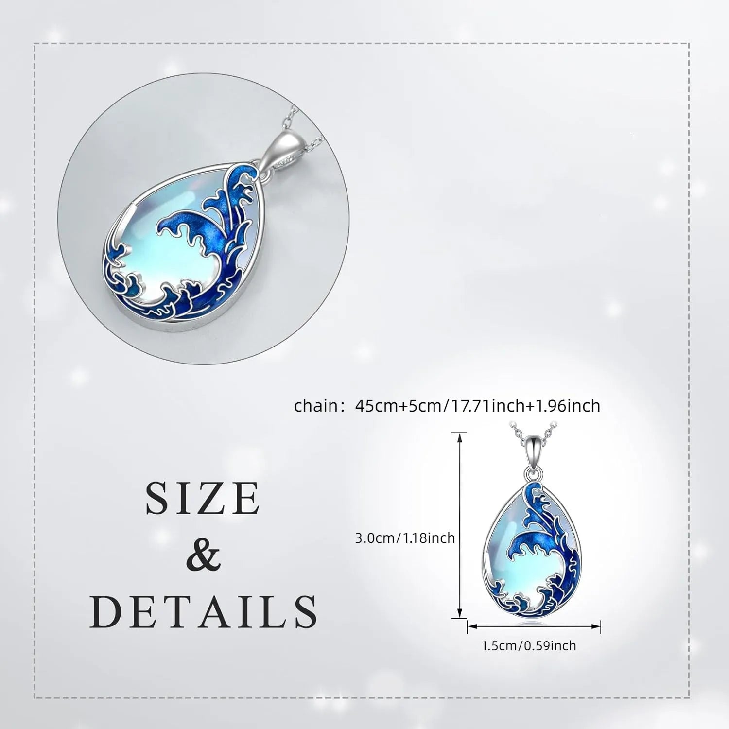 Moonstone blue heart-shaped alloy pendant necklace on a silver-plated chain for women.