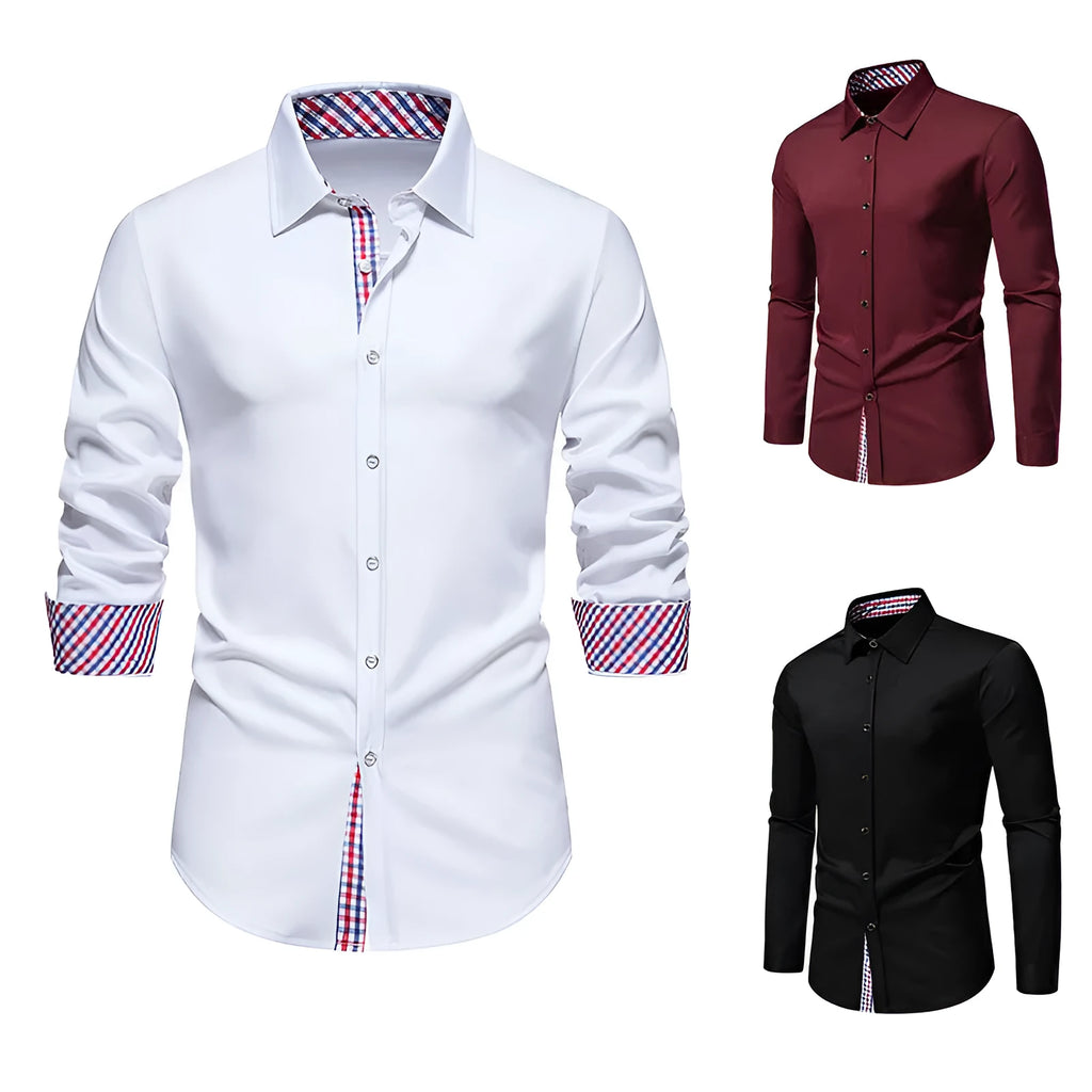 Men's loose plaid casual long-sleeved shirt in polyester blend fabric, available in multiple colours