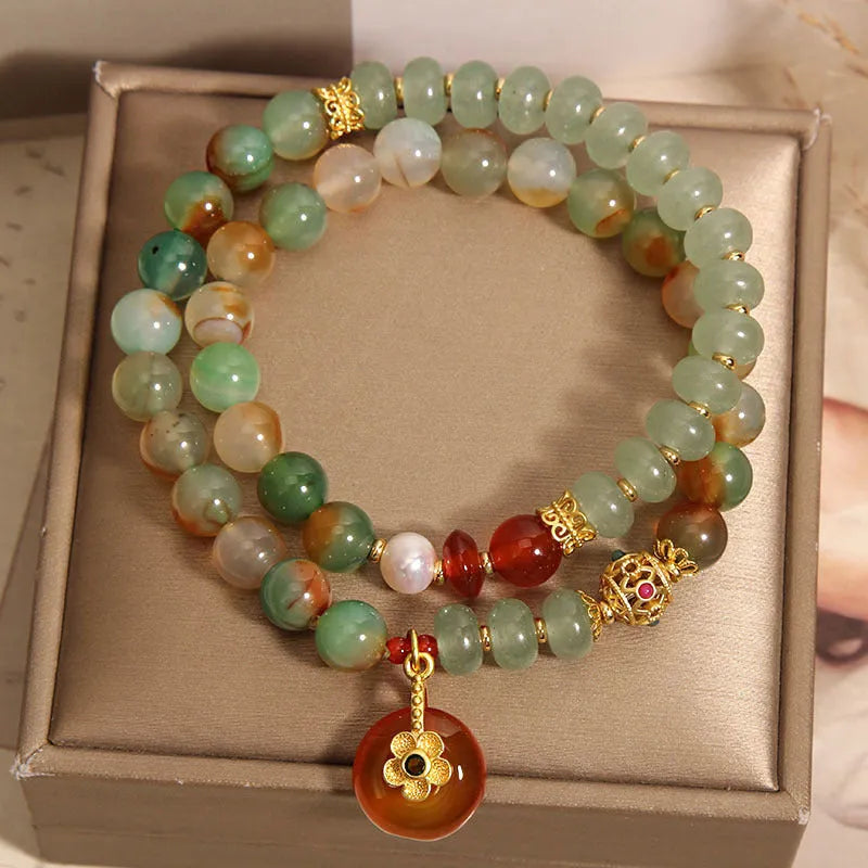 Peacock green agate double ring bracelet for women with safety buckle and rhinestone accents