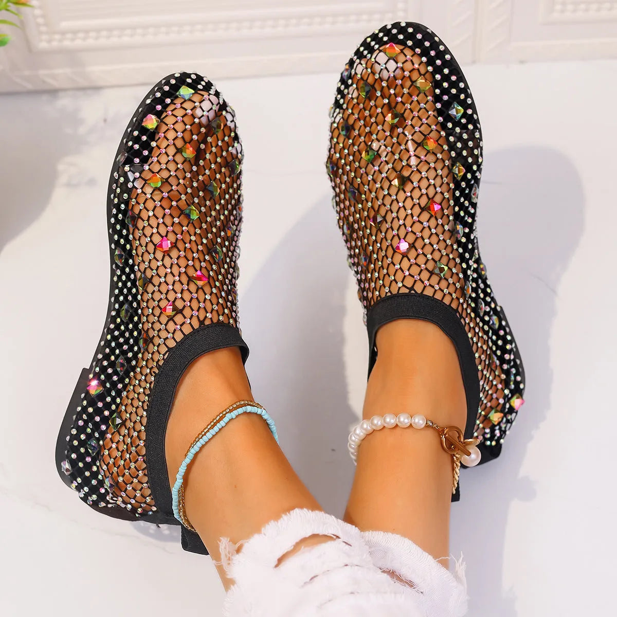 Women's mesh flat sandals with colourful rhinestone design and rubber soles
