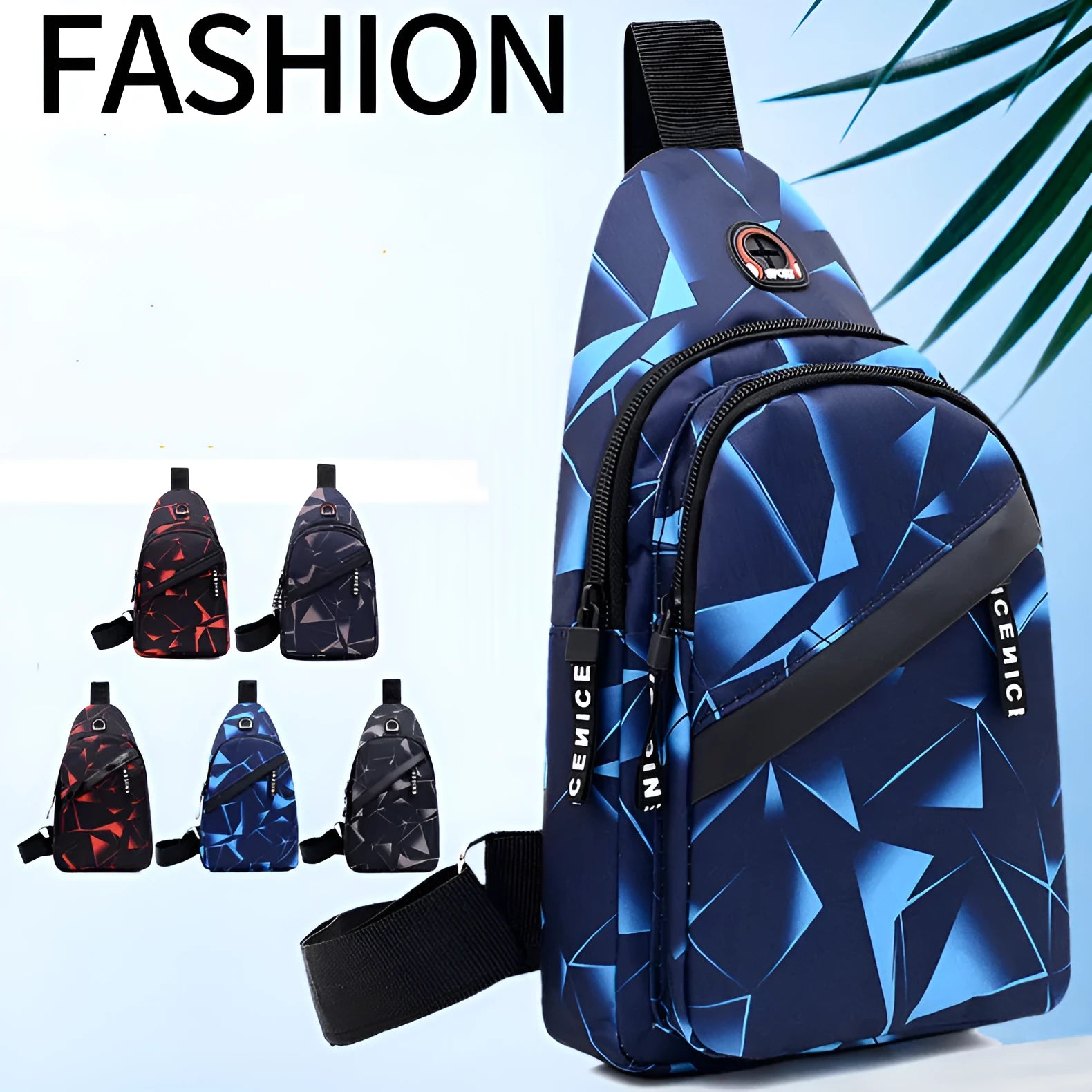 Blue Oxford cloth crossbody chest bag for men with an earphone hole and zipper.