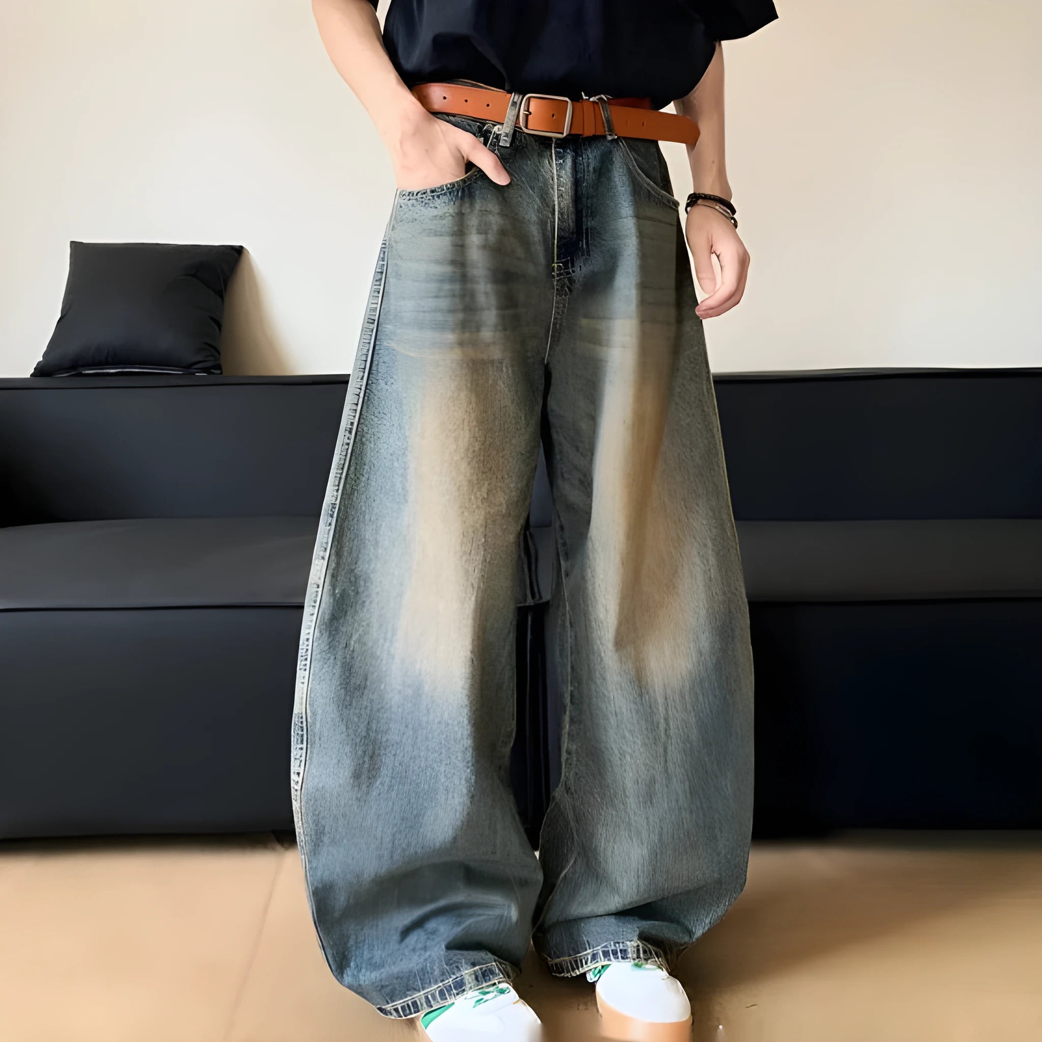 Men's retro blue jeans with distressed machete detailing and slimming wide-leg cut on mid waist design