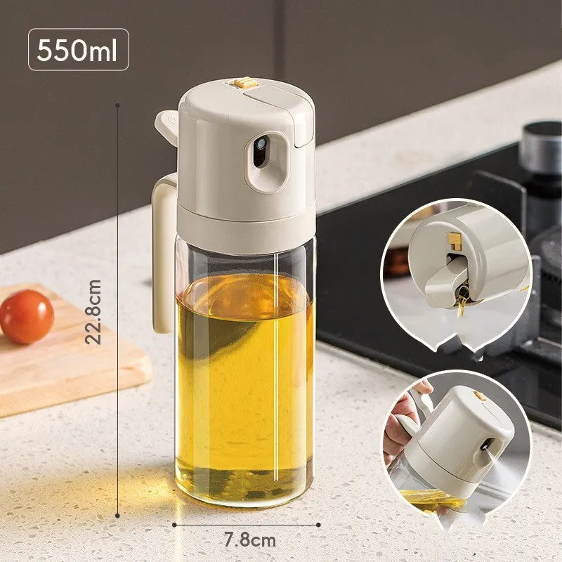 Warm grey glass oil sprayer and pourer bottle with switchable cap and detachable nozzle.