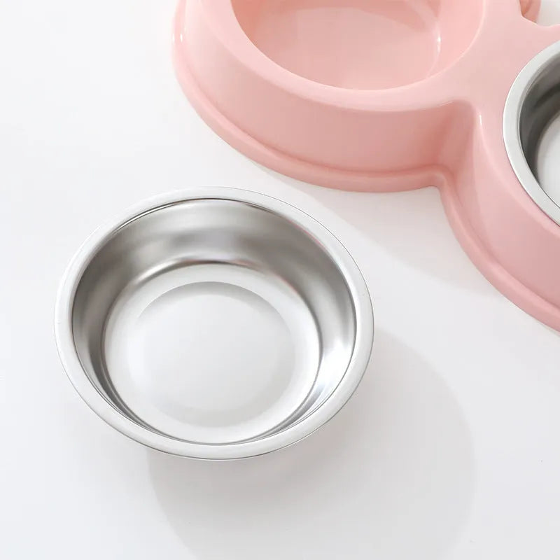 Stainless steel pet double bowl with frog design for separate food and water feeding