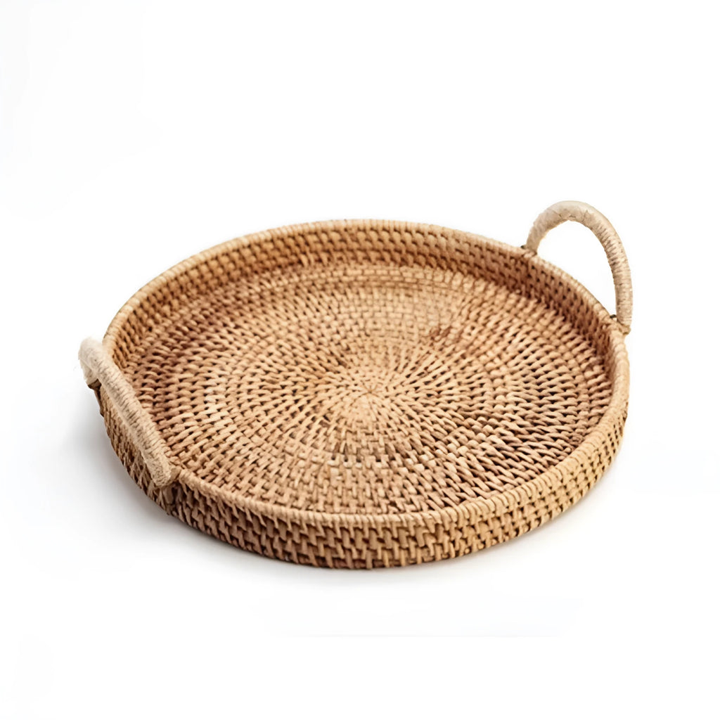 Round handwoven rattan storage basket with wooden handle in three different sizes for home organisation