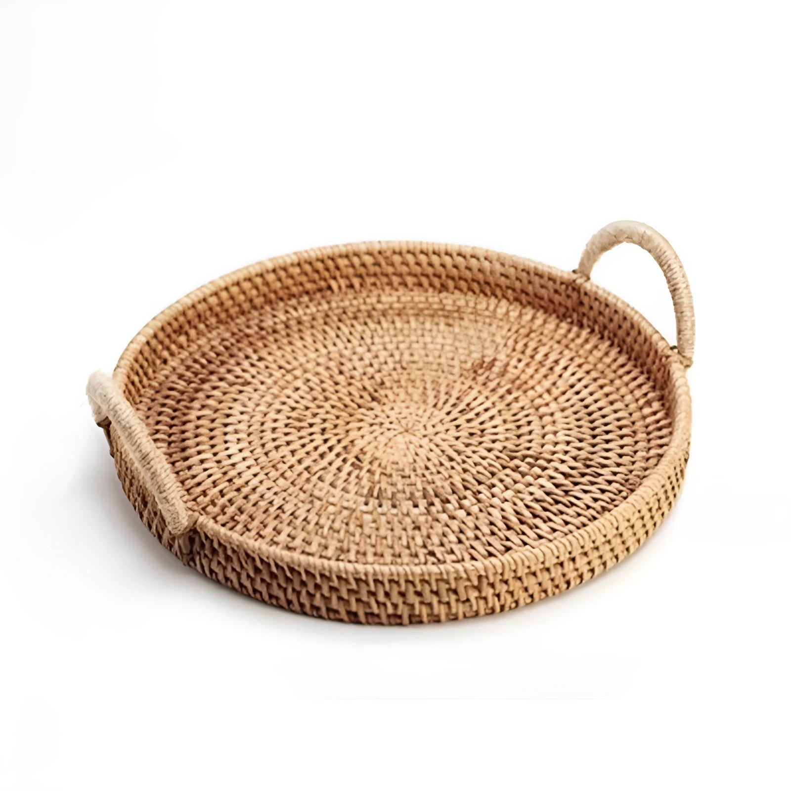 Round handwoven rattan storage basket with wooden handle in three different sizes for home organisation