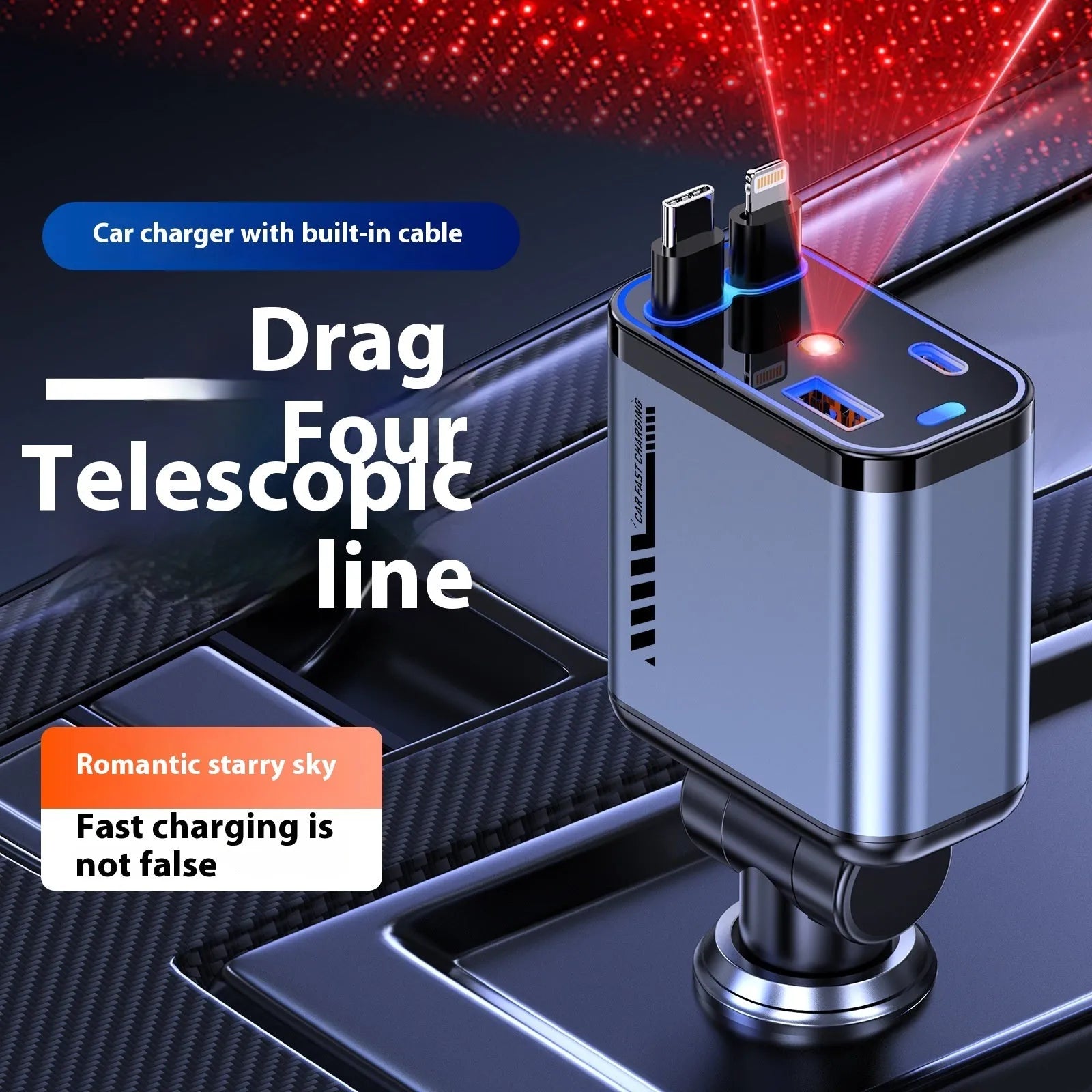 Grey 120W super fast charge star charger with Starry Sky Top and RGB flowing light, USB-C output, stretch-type design