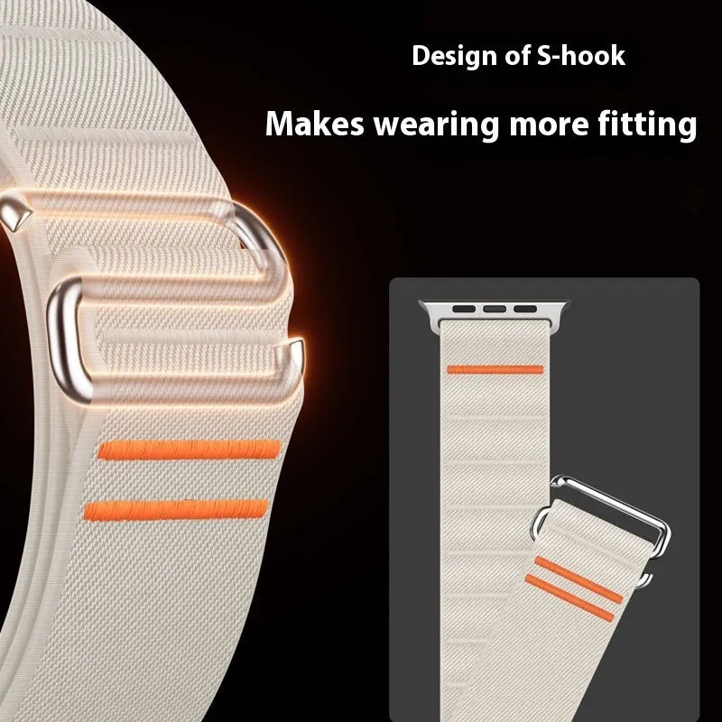 Elastic nylon sports watchband with stainless steel buckle for Apple Watch, shown in multiple colour options.