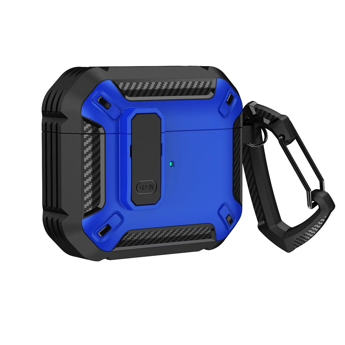 Hard plastic protective shell case with metal hook for Apple AirPods charging case in two-tone black and yellow.