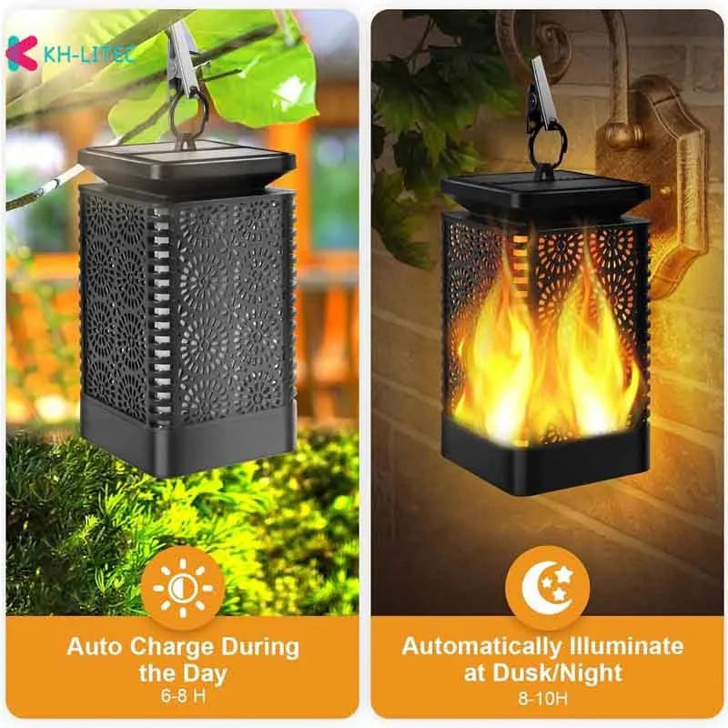 Black solar-powered hanging flame torch light for garden and patio decoration