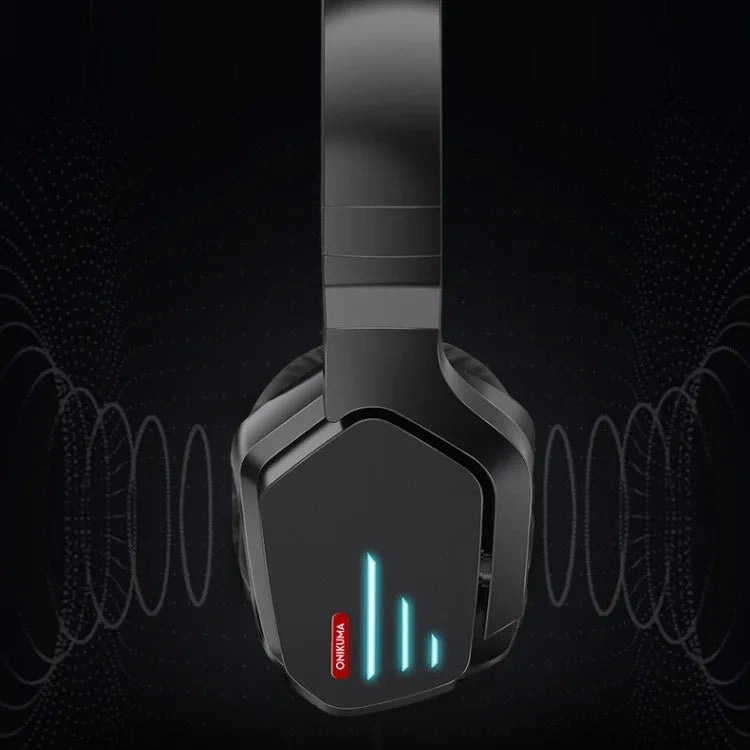 Luminous black wireless head-mounted headphones with over-ear design on a stand.